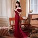 Light Luxury Wine Red Toast 2026 New Off-Shoulder Mermaid Dress Elegant Bride Wedding Evening Gown For Women_ecoleips.com