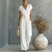 Women Summer Short Sleeve V Neck Solid Color Jumpsuit High Waist Slimming Wide Leg Romper Fashion Elegant Casual Dressy One Piece Outfit_ecoleips.com