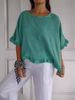 New 2025 Summer Women's Short Sleeve Round Neck Cotton Linen Solid Color Loose Fit Shirt_ecoleips.com