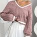 V-Neck Color Block Knit Sweater - Casual Oversized Pullover With Lantern Sleeves, Autumn Winter Fashion For Women_ecoleips.com