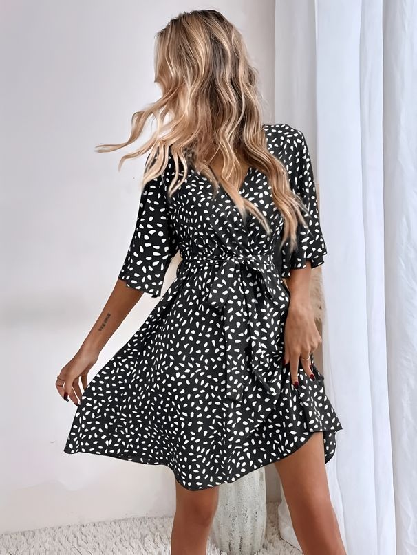 French Style All Over Print Butterfly Sleeve Belted Dress For Women, Summer Long Dress, Pure And Alluring Style, Cross Border Style, Mid Sleeve V Neck, Low Neck._ecoleips.com