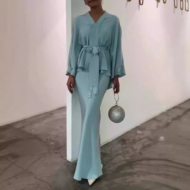 Spring And Autumn Hot Sale Solid Color Temperament Lace Up Waist Top Temperament Fishtail Skirt Suit Women_ecoleips.com