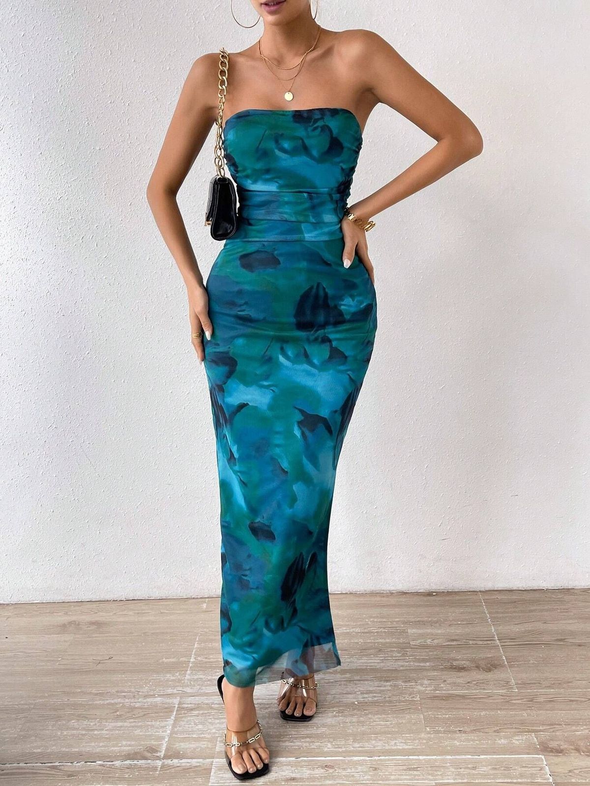 In Stock Cross-Border 2024 European And American Mesh Floral Ruched Sexy Tight-Fitting Slit Strapless Tube Top_ecoleips.com