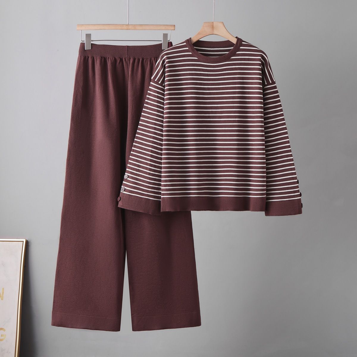 Women's Korean Style Two Piece Set Autumn Winter Striped Top And Wide Leg Pants Casual Cross Border Fashion_ecoleips.com