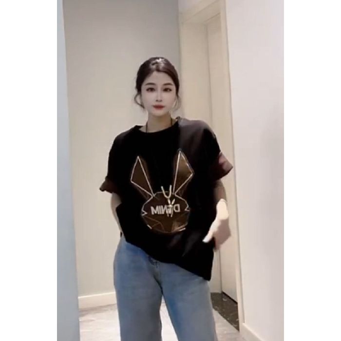 Women's Clothing Cartoon Bunny Graffiti Brushed Thick Short Sleeved Women's Versatile Age Reducing T Shirt_ecoleips.com