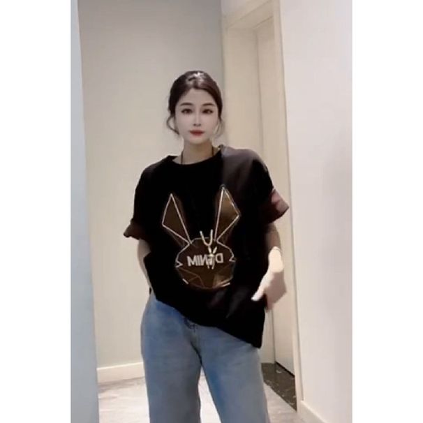 Women's Clothing Cartoon Bunny Graffiti Brushed Thick Short Sleeved Women's Versatile Age Reducing T Shirt_ecoleips.com