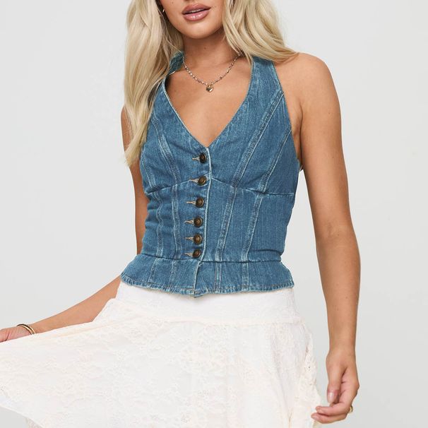 Women's Clothing Backless Denim Vest Top New V Neck Sexy Hot Girl Lace Up Button Vest_ecoleips.com