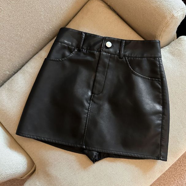 ng2510292 Trendy Leather-effect A-line For Women, 2025 Autumn New Style, Plus-size Slimming Short Skirt In Coffee Color_ecoleips.com