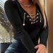 Women's Clothing Spring New Arrival Elegant Long Sleeved V Neck Solid Color Women's Casual T Shirt With Heart And Metal Chain Decoration_ecoleips.com