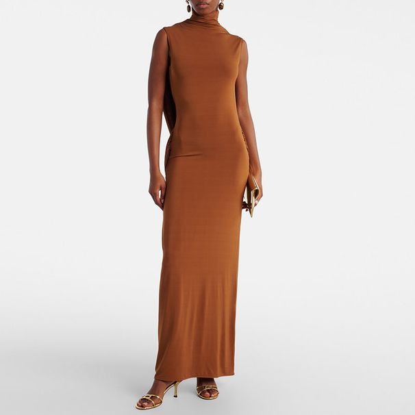 Fashionable High Neck Backless Draped Long Dress Womens Spring Solid Slim Bodycon Dress Summer Sleeveless Party Maxi Dress Mujer_ecoleips.com
