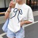 Women's Minimalist Style Base Layer T-Shirt Navy Blue Bow Print Short Sleeve Summer Top_ecoleips.com