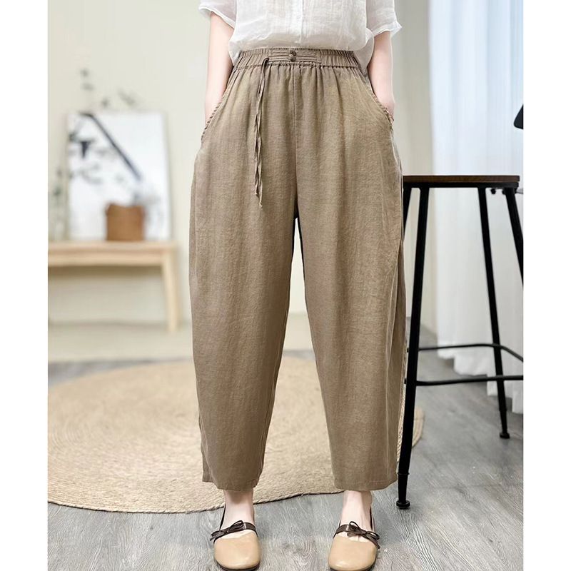 Suitable For All Seasons 2025 Summer New Elastic Waist Loose Slimming Harem Artistic Patchwork Solid Color Linen Casual Pants For Women_ecoleips.com