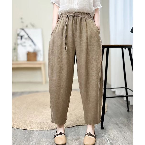 Suitable For All Seasons 2025 Summer New Elastic Waist Loose Slimming Harem Artistic Patchwork Solid Color Linen Casual Pants For Women_ecoleips.com