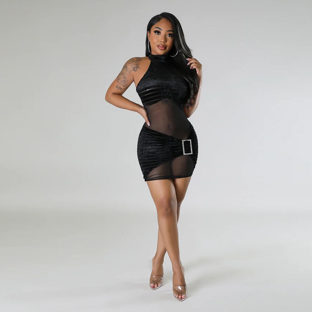Women's Clothing round neck sleeveless hip-covering A-line sexy dress _ecoleips.com