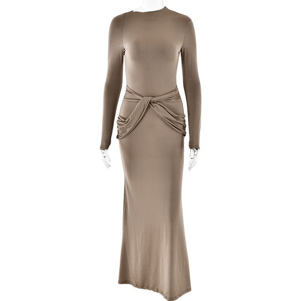 Elegant Women Long Sleeve Maxi Dress Classic Crew Neck Ruched Detail Slimming Tight Bodycon Silhouette Sophisticated Evening Party Dress_ecoleips.com