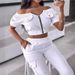 Women's Clothing Solid Color One Shoulder Raglan Short Sleeved Patch Pocket Top Casual Cuffed Trousers Set_ecoleips.com