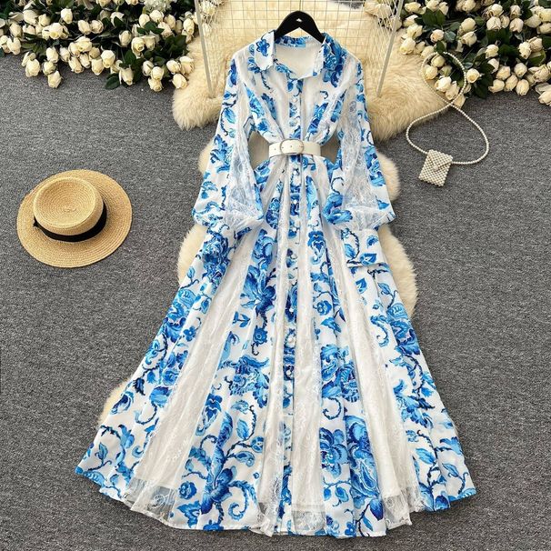 Women's Clothing New Fashion Elegant Retro Lapel Long Sleeve Waist Lace Stitching Print Long Skirt_ecoleips.com