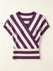 Loose V Neck Knit Tee, Skin-friendly Stripe Short Sleeve_ecoleips.com