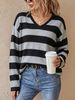 Black Grey Stripe Pit Rib Knit Top, Loose V Neck Lightweight Breathable Soft Skin-touch Long Sleeve Jumper_ecoleips.com