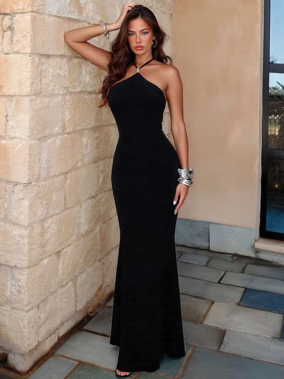 Hugcitar Halter Slips Black Backless Elegant Sexy Bodycon Maxi Dress 2025 Summer Women Clothes Evening Party Birthday Vacation_ecoleips.com