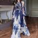 Women's Clothing V Neck Mesh Long Skirt New Retro Ink Printing Design Waist Long Dress For Women_ecoleips.com