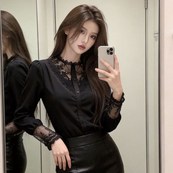Elegant Slim-Fit Lace Patchwork Shirt, New Spring/Summer 2026 French Style Versatile Long-Sleeve Chic Blouse For Women_ecoleips.com