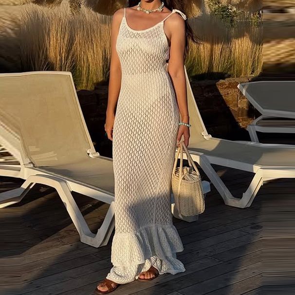 Ruffle Edge Pleated Slim Women's Beach Dress Sexy Backless Suspender Solid Bodycon Dresses 2026 Summer Hollow Knitted Long Dress_ecoleips.com