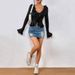 Voya Women's 2026 Spring/Summer New Ins Fashion Slimming Ruffle Short Long Sleeve T-shirt Top_ecoleips.com