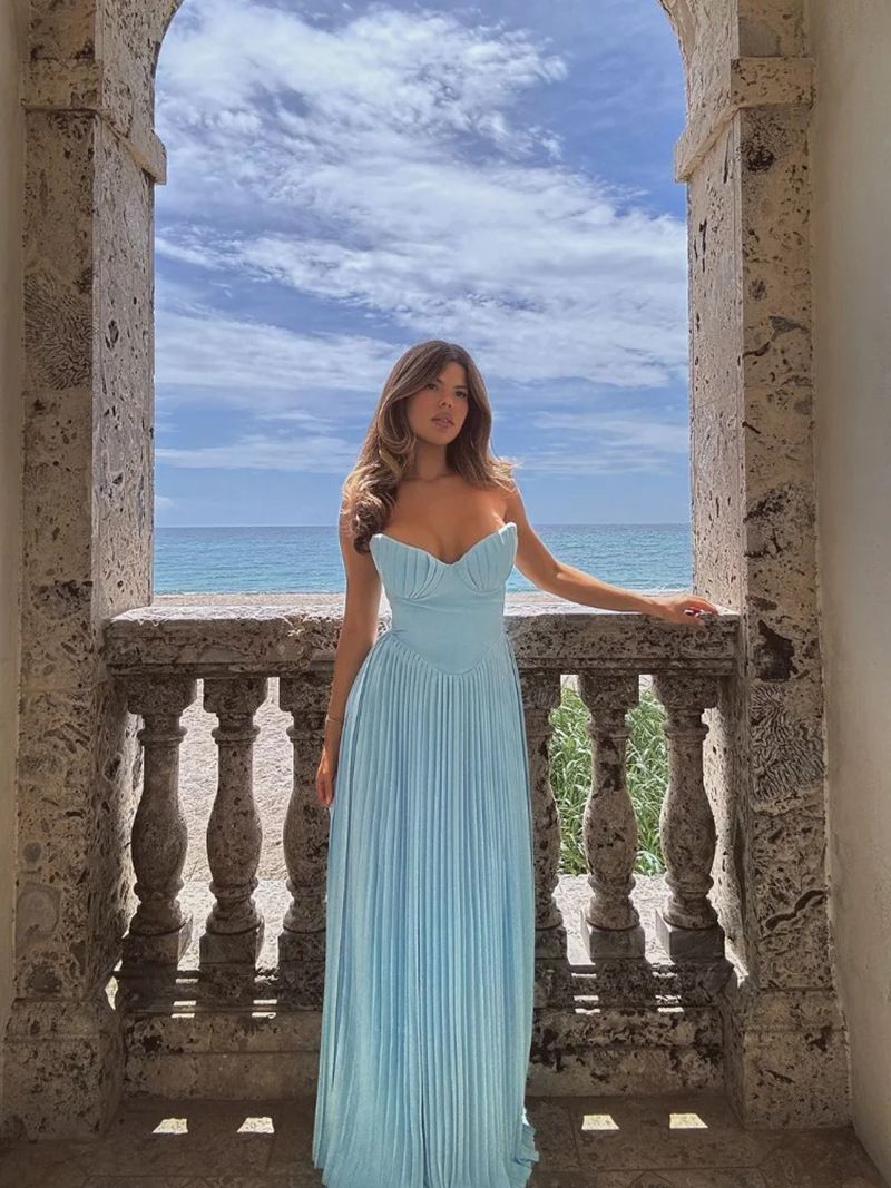 Women Summer V Neck Pleated Long Maxi Dress Elegant Strapless Backless Bodycon Formal Party Evening Gown Dress For Women_ecoleips.com