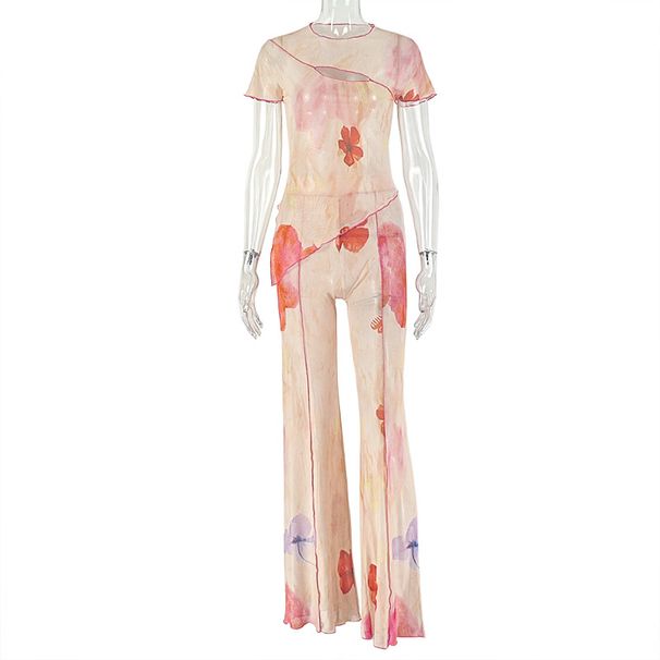 Asymmetrical Print T-Shirt And Slim Fit Pants Set Soft Milk Silk Fabric Streetwear Two-Piece Outfit Blush Pink S M L_ecoleips.com