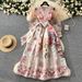 European And American Court Style Temperament Retro V Neck Mesh Lantern Sleeves Tie Waist Design Large Swing Print Dress_ecoleips.com