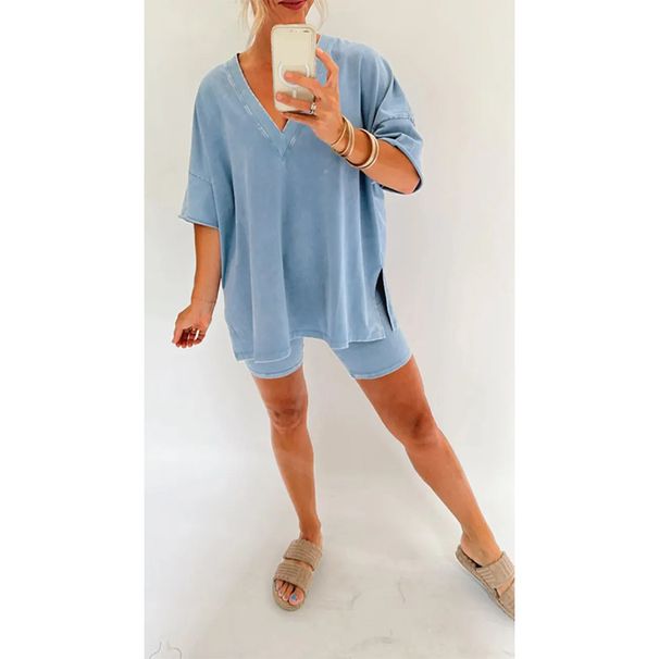 Women's Clothing Fashion Loose V Neck Two Piece Suit Female Retro Washed Suit Short Sleeve_ecoleips.com