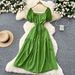 Women's Clothing Hollow Embroidery Square Collar Puff Sleeve Dress Waist Slimming Temperament Holiday Long Dress_ecoleips.com