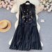 Elegant French-Chic Dress With Intricate Beading, Metal Buttons, Square Neckline & Lace Inserts – Flowy Pleated Midi Dress For Women_ecoleips.com