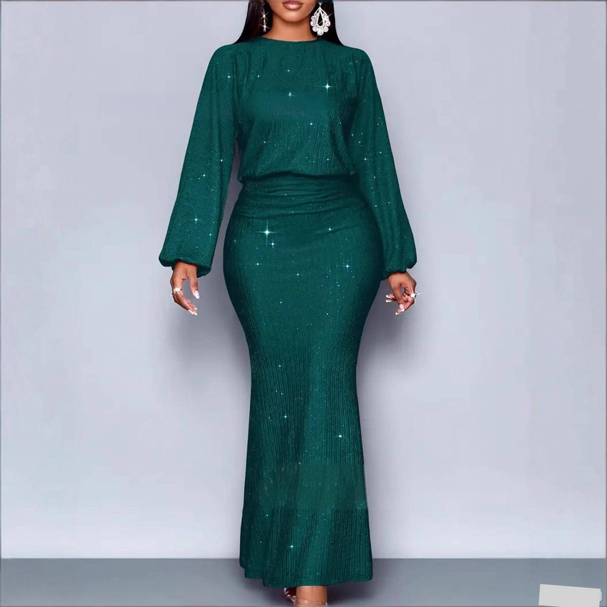 Elegant Plus Size Long Sleeve Maxi Dress – Chic Solid Color Knit Dress For Fall & Party – Stretchy Polyester Blend – Sizes 0XL-5XL (Emerald Green)_ecoleips.com