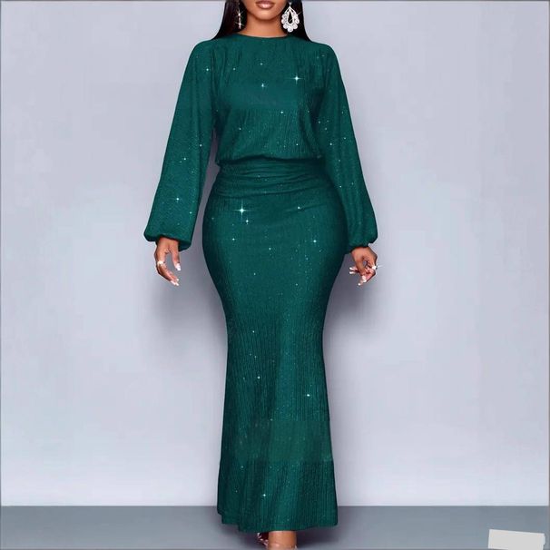Elegant Plus Size Long Sleeve Maxi Dress – Chic Solid Color Knit Dress For Fall & Party – Stretchy Polyester Blend – Sizes 0XL-5XL (Emerald Green)_ecoleips.com