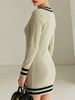 Women Ultra Soft Skin-Friendly Breathable Fine Knit Mini Dress, Contrast Striped V Neck Long Sleeve Stretch Slim Fit Casual Knitted Dress_ecoleips.com