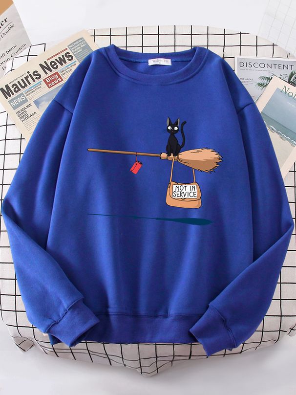 Cute Cat Not In Service Print Hoodies Women Casual Crewneck Sportswear Fleece Warm Fleece Sweatshirt Loose Hoody Autumn_ecoleips.com