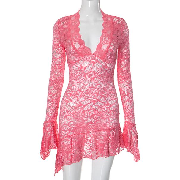 Q23DS591 European American Cross-border Solid Color Lace Hollow Low-neck Long-sleeve Bodycon Dress, Feminine And_ecoleips.com