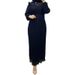 Muslim Dress Women Elegant High-Neck Maxi Dress With Belt – Modest Loose Fit Dress For Women (Navy, Green, Burgundy, Nude & Black, S-2xl)_ecoleips.com