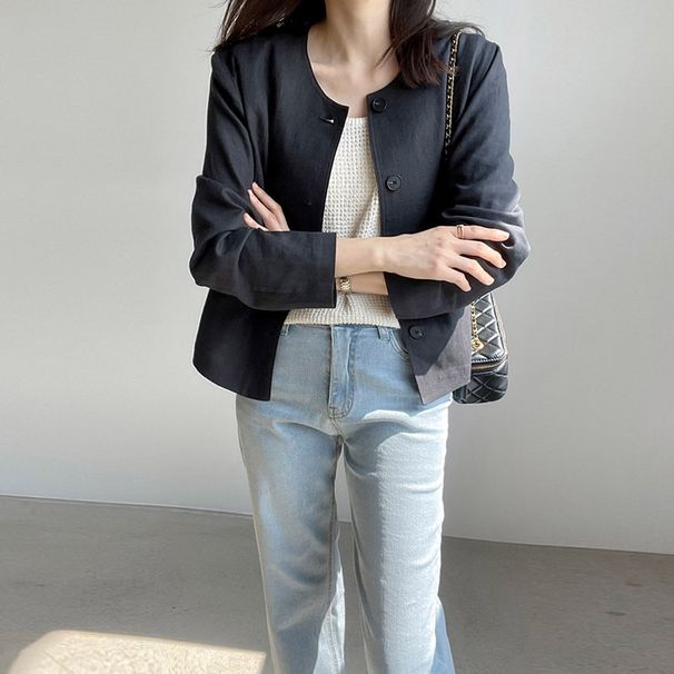 2024 Summer New Korean Linen Sunscreen Cardigan Jacket Women Long Sleeve Round Neck Blazer_ecoleips.com