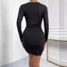 2025 European And American Trade Women's Long Sleeve Deep V-Neck Waist-Cinching Ruched Sexy Bodycon Dress_ecoleips.com