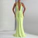 Elegant Solid Color Halter Deep V Neck Dress Sexy Backless High Waist Maxi Dress With Ribbon Temperament Long Dress For Women_ecoleips.com
