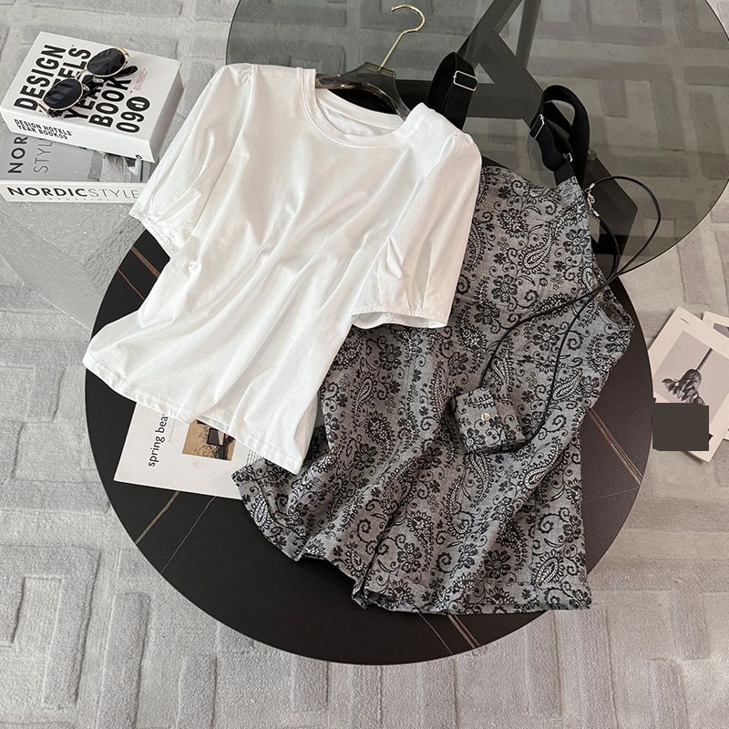 Women's Clothing Casual Fashion Sports Suit Round Neck Bubble Short Sleeve Jacquard Bib Shorts Two Piece Suit_ecoleips.com