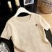 Women's Romantic Heart Embroidery Cable Knit Short Sleeve T-Shirt Soft Casual Top for Youthful Style_ecoleips.com