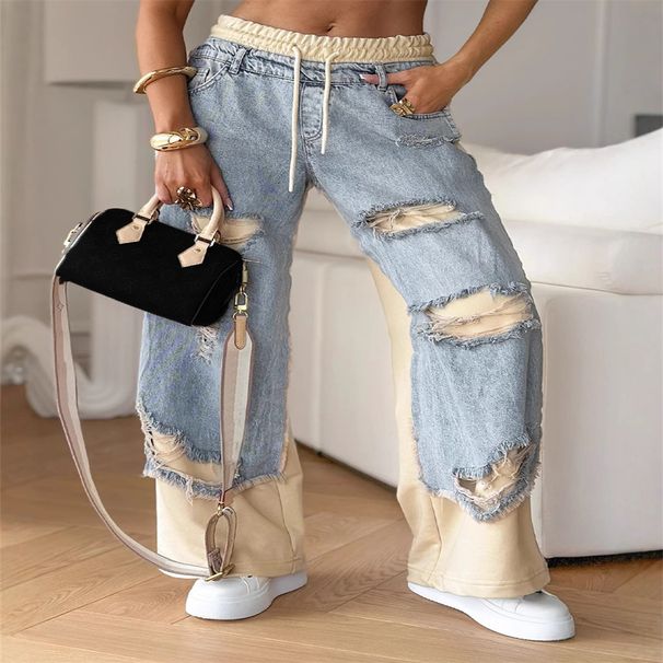 2027 Spring Summer Fashion Hip-Hop Jeans Women Cotton Elastic Waist Lace-Up Broken Hole Straight Type Denim Pants XS-5XL_ecoleips.com