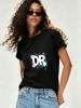 Women Summer Crew Neck Short Sleeve T-Shirt, Graffiti DR Letter Splash Ink Star Graphic Casual White Loose Hip Hop Streetwear Tee Top_ecoleips.com