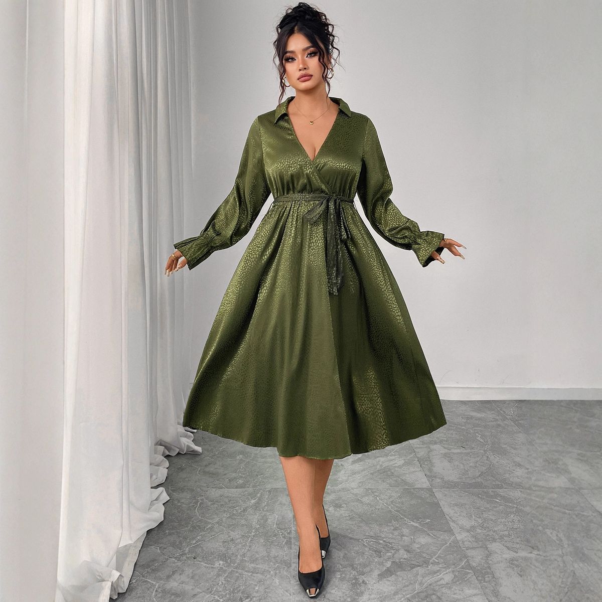 Women's Clothing Plus Size Clothes "Elegant High Waisted Dress – Retro Tie-Waist V-Neck Slimming Dress For Women, Solid Color Versatility"_ecoleips.com