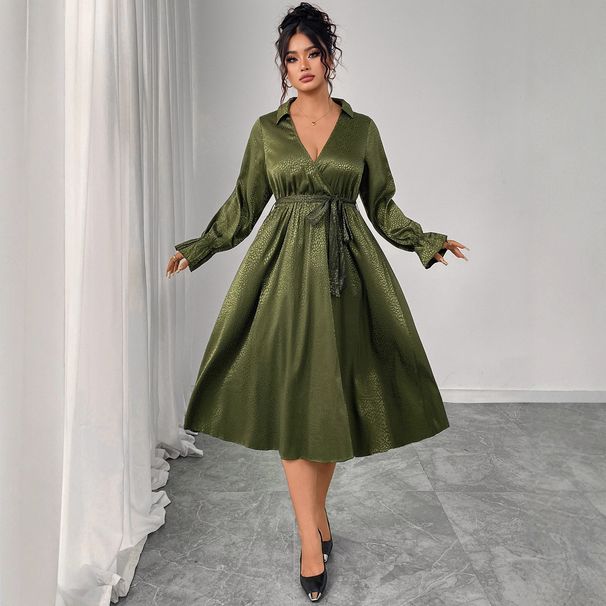 Women's Clothing Plus Size Clothes "Elegant High Waisted Dress – Retro Tie-Waist V-Neck Slimming Dress For Women, Solid Color Versatility"_ecoleips.com