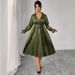 Women's Clothing Plus Size Clothes "Elegant High Waisted Dress – Retro Tie-Waist V-Neck Slimming Dress For Women, Solid Color Versatility"_ecoleips.com